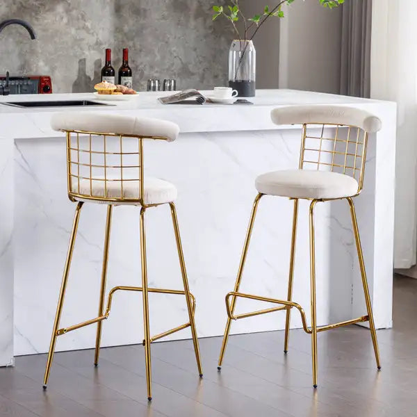 Luxury Velvet Bar Stools Set of 2, Beige - High Back Pub Chairs with Metal Legs for Kitchen Dining - Minihomy