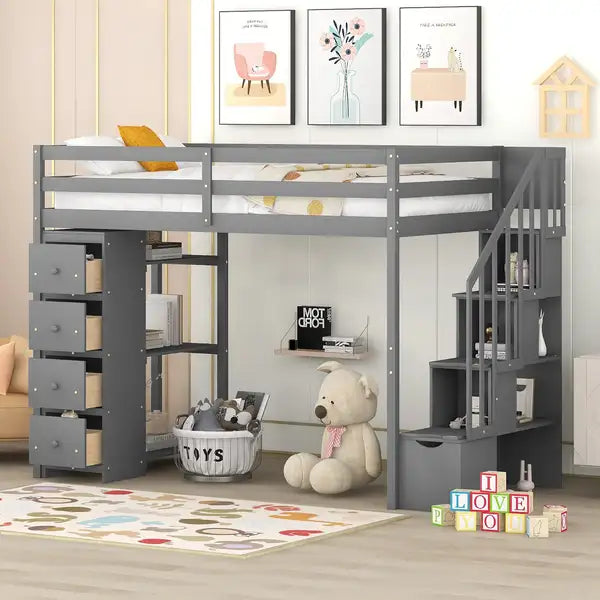 Twin Loft Bed with Storage Drawers, Stairs & Shelves - Gray Wood