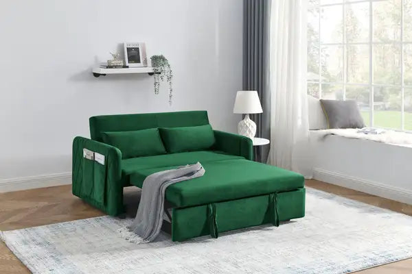 55" Velvet Convertible Sofa Bed with Storage, Pull-Out Bed & Adjustable Backrest