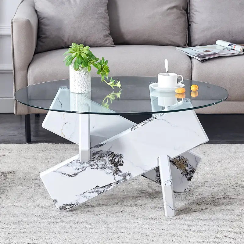 Modern Round Glass Coffee Table with White Legs - 33.4" Tempered Glass Top