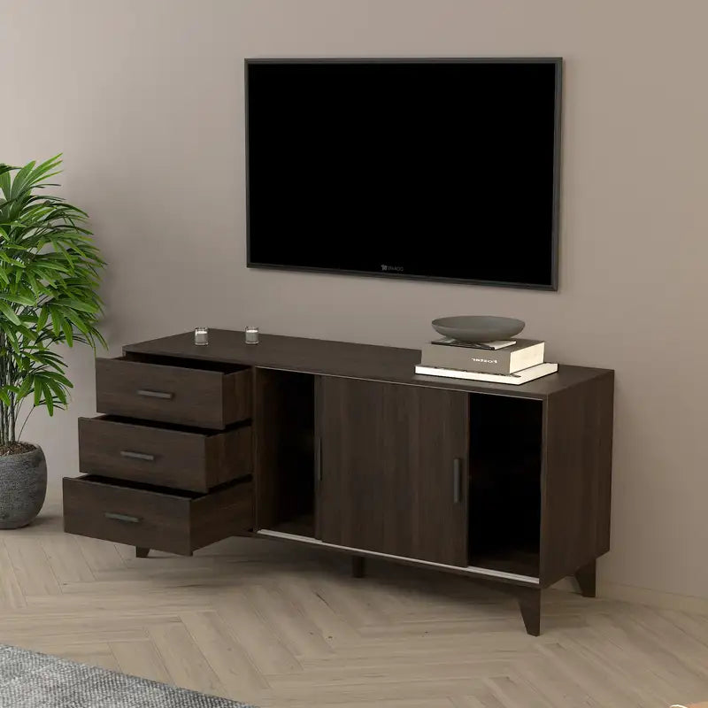 Dark Brown Parker TV Stand: Sliding Doors & Drawers