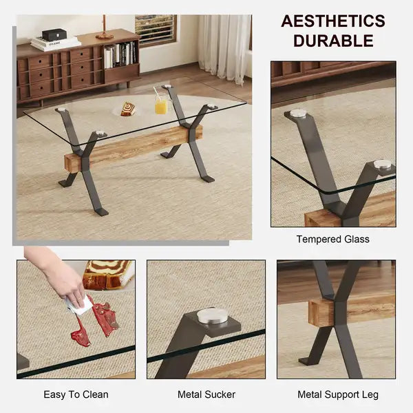 Modern Tempered Glass Dining Table with Black Metal Legs - 70.9" x 35.4" x 30" - Home & Office Use - Minihomy