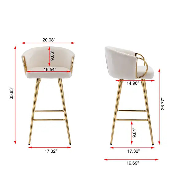 26 Inch Velvet Bar Stools Set of 2, Chrome Base & Footrest, Golden Legs, Cream - Minihomy