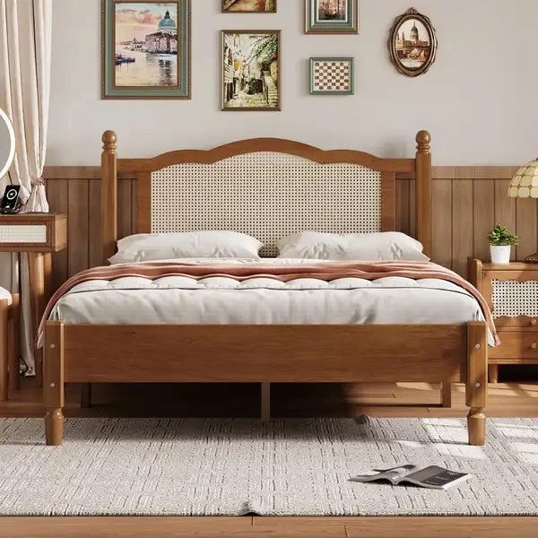 Full Size Wooden Platform Bed with Rattan Headboard - Vintage Walnut Bed Frame