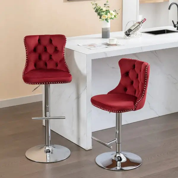 Velvet Bar Stools with Backs - Adjustable Height, Chrome Base, Set of 2 - Wine Red