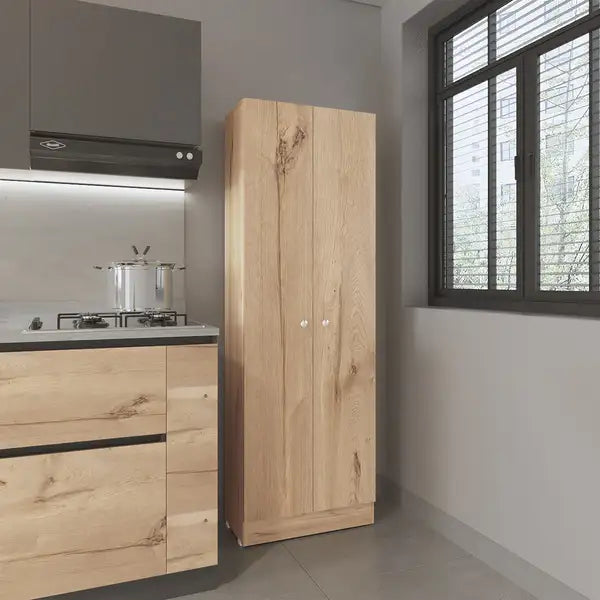 Buxton Tall Cabinet, 2-Door Storage, Light Oak & Black Wengue