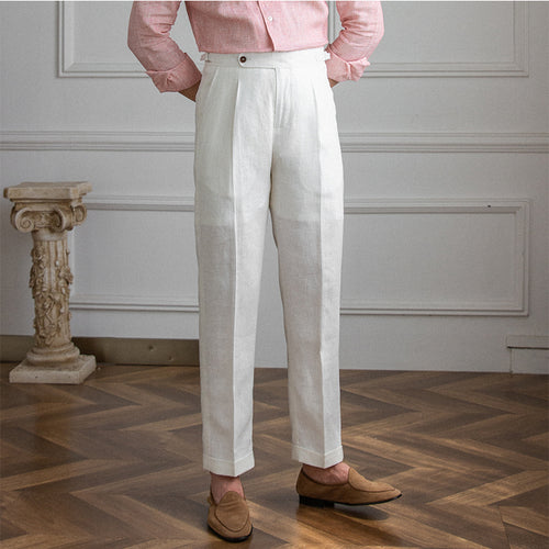 Men's Linen Straight Leg Pants High Waist Trousers Light Casual