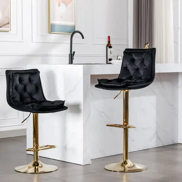 Adjustable Swivel Bar Stools Set of 2, Velvet Seat with Chrome Base & Footrest, Black & Gold - Minihomy