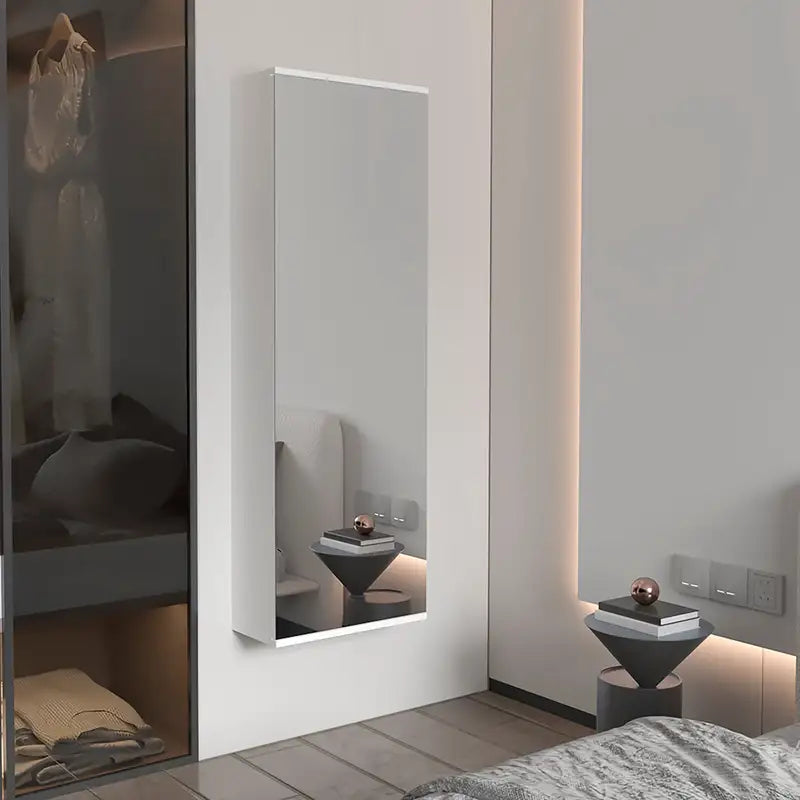 White Wall-Mounted Shoe Cabinet with Mirror - 5 Shelves