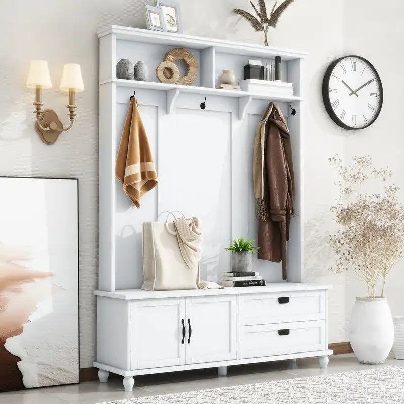 Modern White Hall Tree with Storage | Mudroom Bench & Coat Hooks