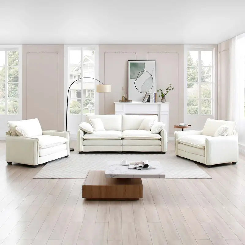 Beige Corduroy Sofa Set: 2 Singles & 2-Seater, Luxurious Living Room Furniture