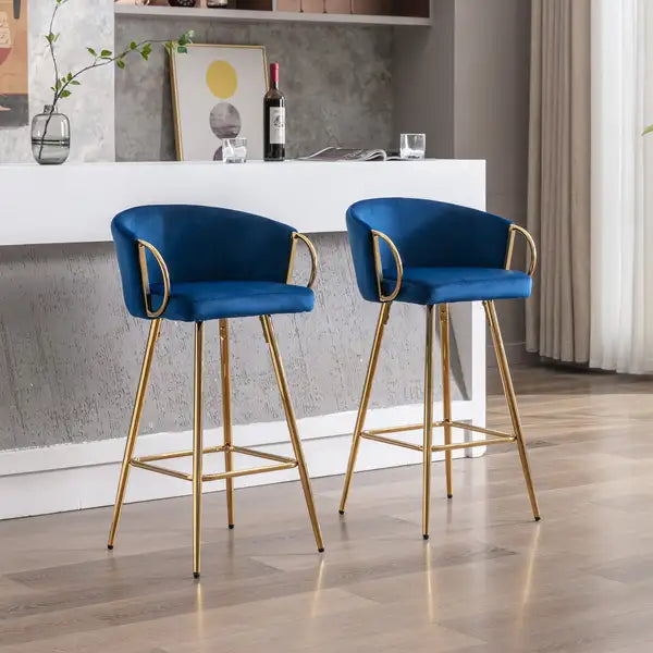 2-Pack 30" Velvet Bar Stools with Chrome Footrest & Gold Legs - Blue - Minihomy