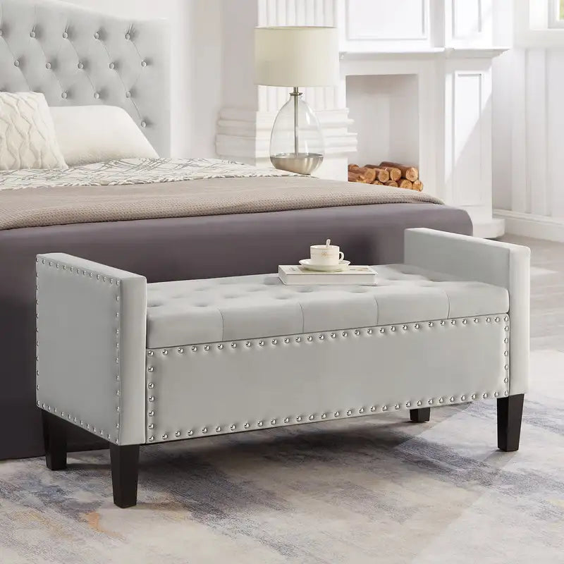 Gray Upholstered Storage Bench with Armrests & Nailhead Trim