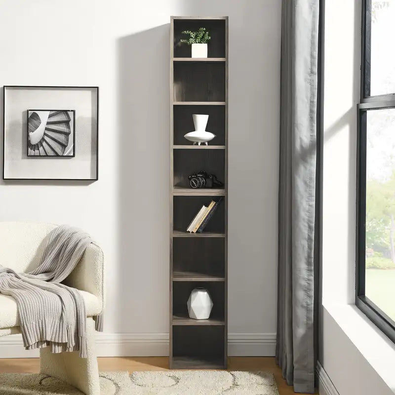 8-Tier Media Tower: CD/DVD Storage, Adjustable Shelves, Narrow Bookcase