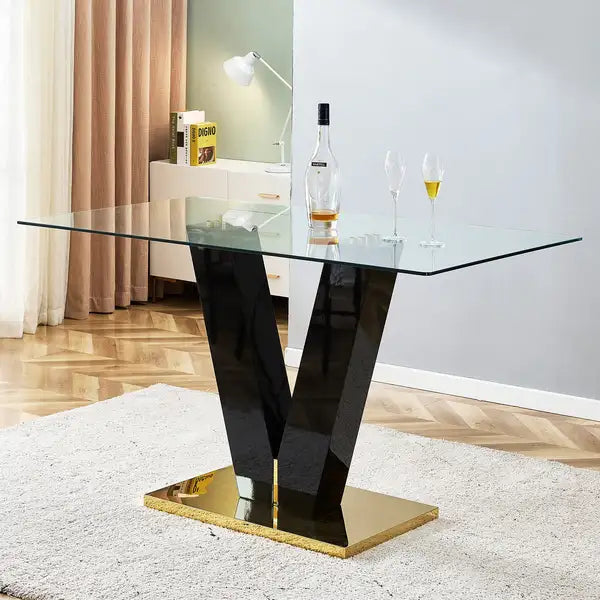 Large Rectangular Glass Dining Table for 6-8 | Modern Minimalist Design | 0.39" Tempered Glass Top | V-Shaped Base