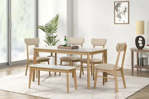 6-Piece Dining Table Set - White Tabletop, Light Oak Chairs & Bench - Minihomy