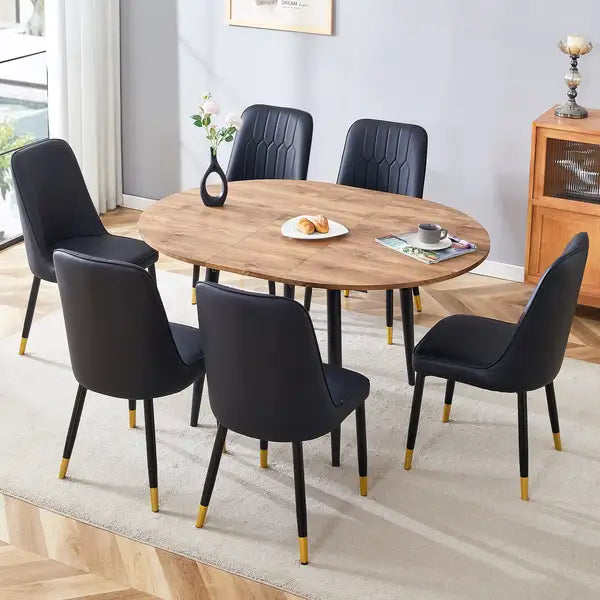 Extendable Dining Table Set with 6 Chairs - Modern Wood MDF, Telescopic Design, Black Metal Legs