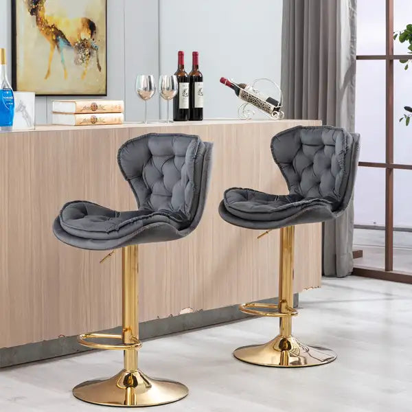 Swivel Bar Stools Set of 2, Height Adjustable, Velvet Seat, Chrome Base, Grey