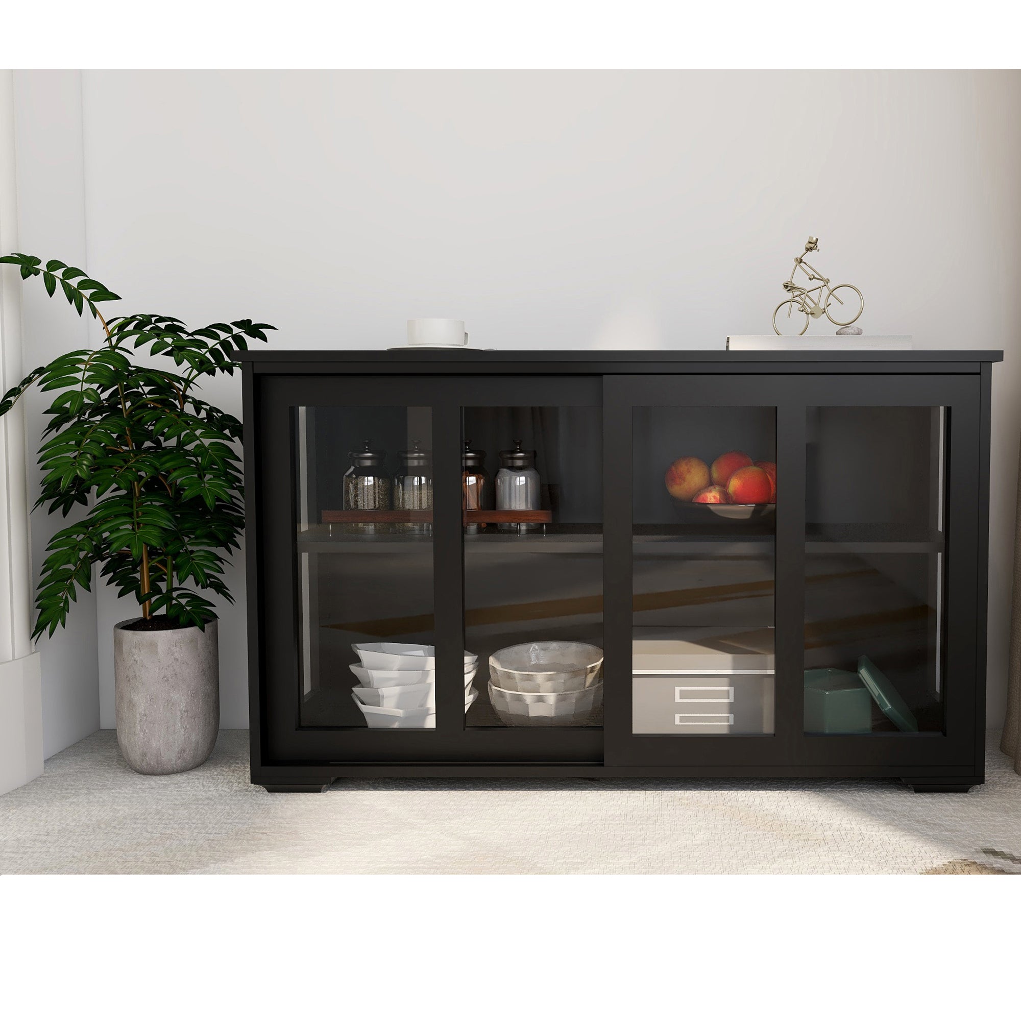 Black Kitchen Storage Stand Cupboard with Glass Door