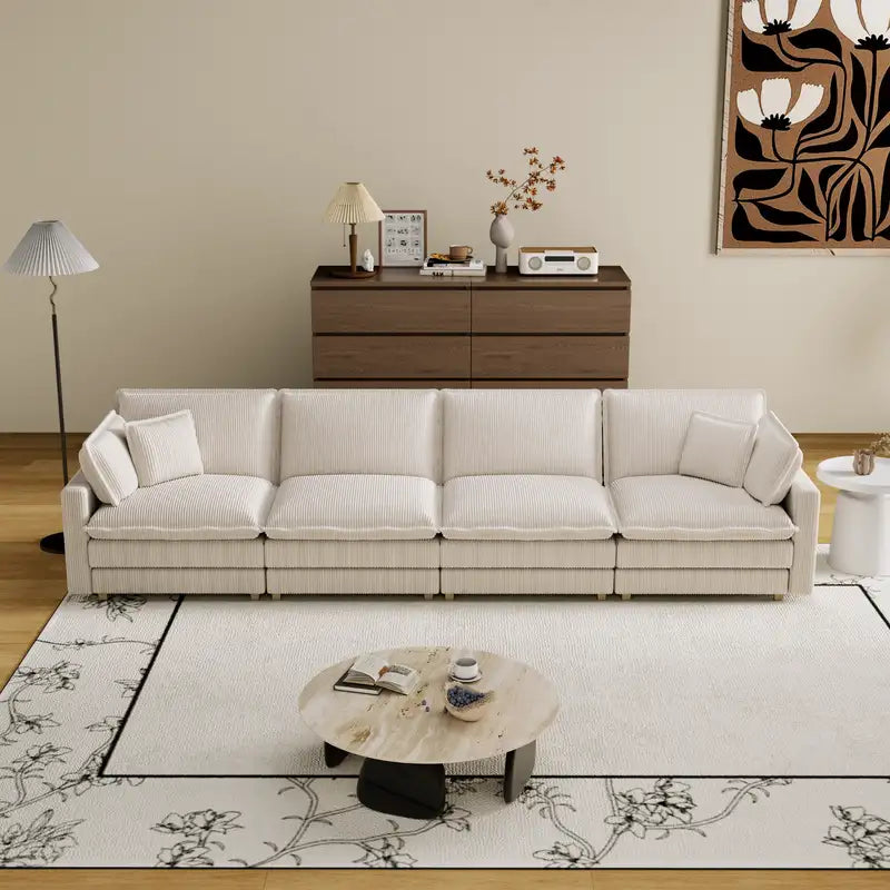 Beige Modular Sectional Sofa with 4 Pillows - Modern L-Shaped Couch