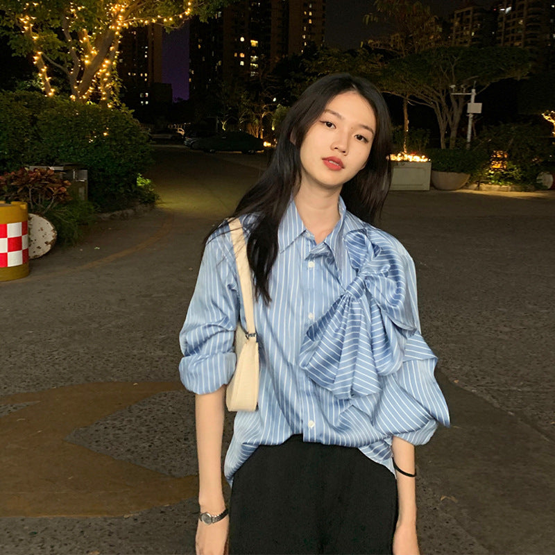 Casual Blue Striped Shirts For Women Lapel Long Sleeve Bowknot Patchwork Blouses