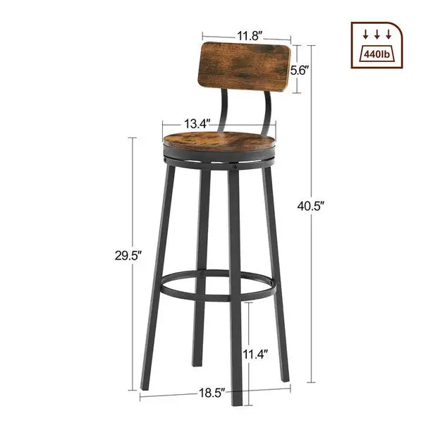 Industrial Bar Stools Set of 2 with Backrest - Rustic Brown, 29.5" High, Metal Frame - Minihomy