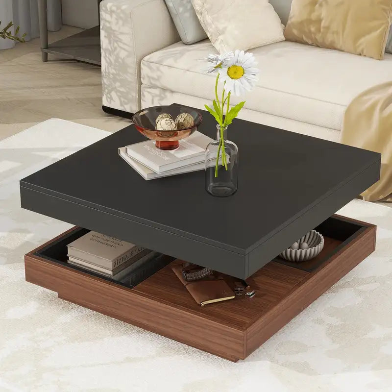 Modern Rotating Coffee Table with Storage - 27.5" Square, Black