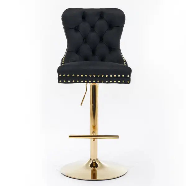 Thick Golden Velvet Swivel Barstools (Set of 2) - Adjustable Height, Tufted Back, Black