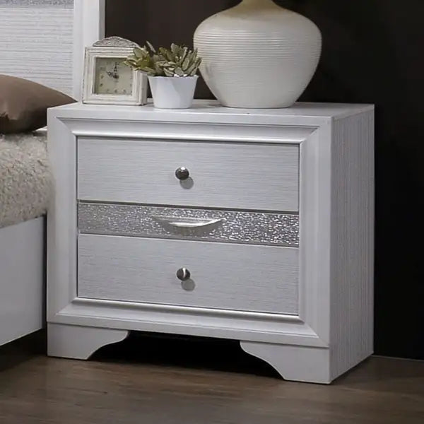 White Nightstand with Hidden Jewelry Drawer & Silver Accents - Bedroom Furniture