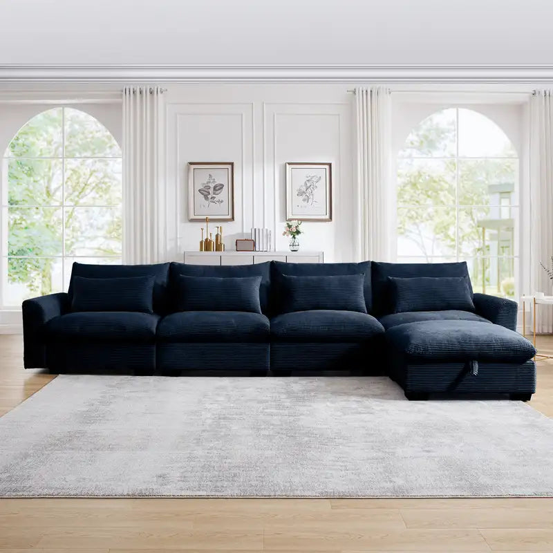 Blue Corduroy L-Shaped Sectional Sofa with Storage & Pillows