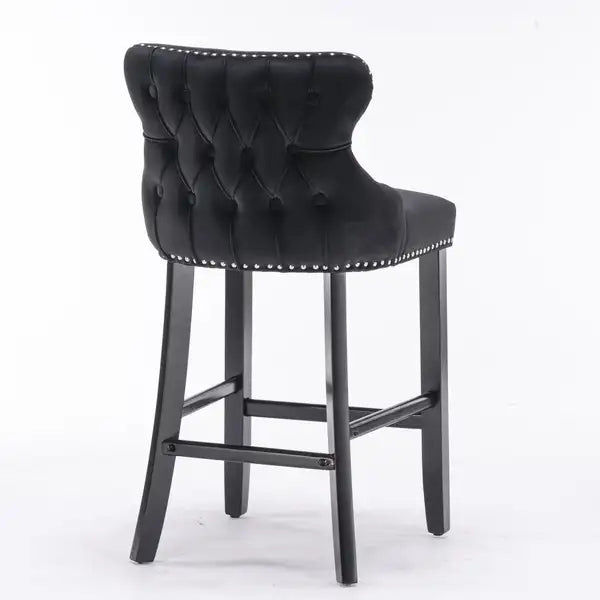 Contemporary Velvet Wingback Barstools with Button Tufted Back, Chrome Nailhead Trim - Set of 4 (Black) - Minihomy