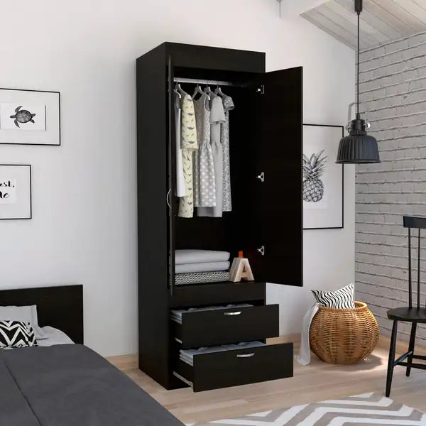 Lisboa Armoire with Double Doors, Two Drawers & Metal Handles - Rod Included - Minihomy