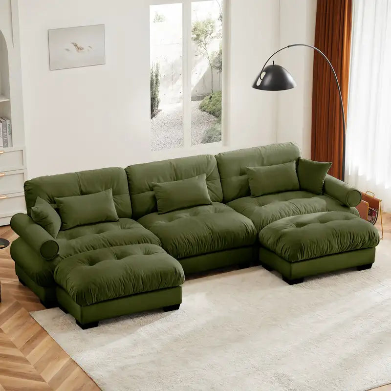 Modular U-Shaped Sectional Sofa with Ottomans - Olive Green