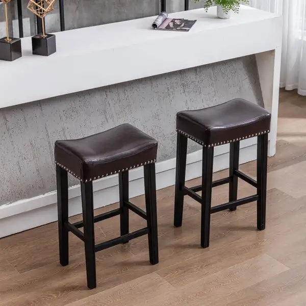 Farmhouse Counter Height Bar Stools (Set of 2), Brown Faux Leather, 29" - Minihomy