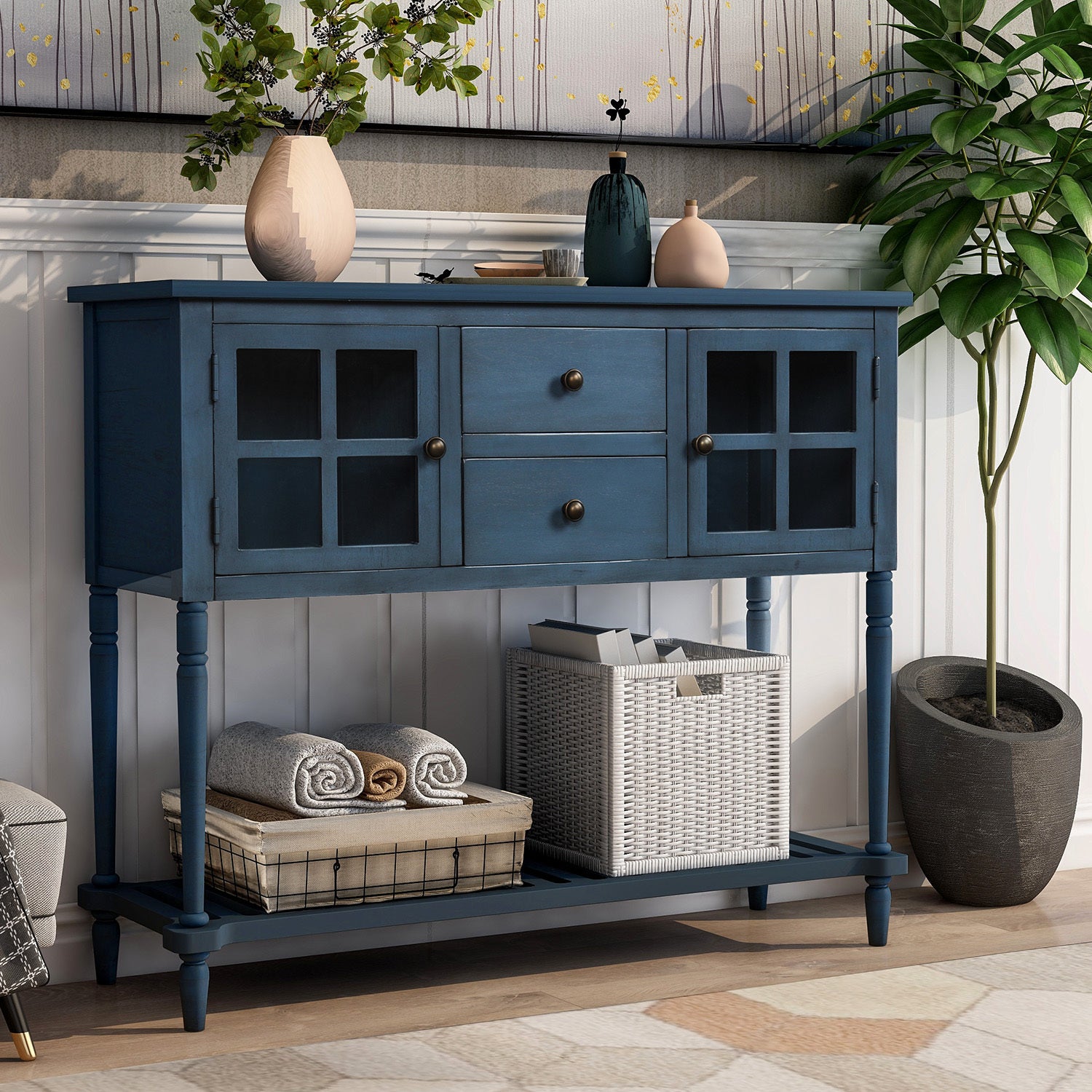 Farmhouse Sideboard Console Table with Shelf - Antique Navy Buffet Storage Cabinet