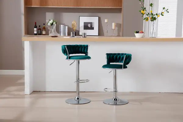 Set of 2 Green Velvet Swivel Bar Stools with Chrome Base & Adjustable Height