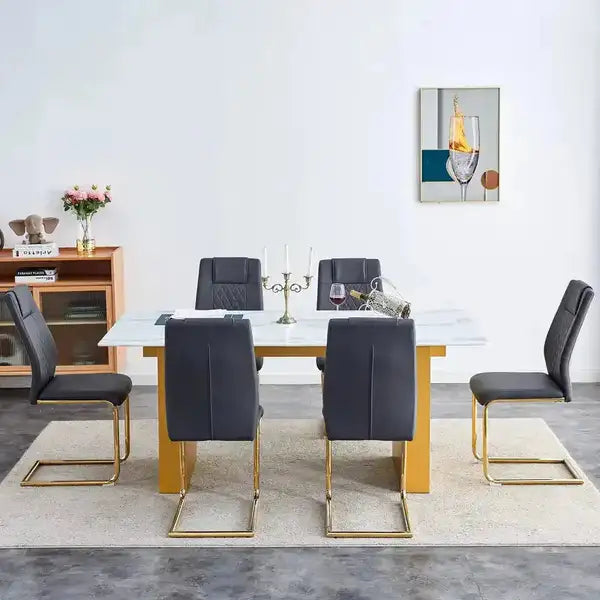 Modern Rectangular Dining Table & 6 Chair Set with Patterned Glass Top and Faux Leather Seats - Minihomy