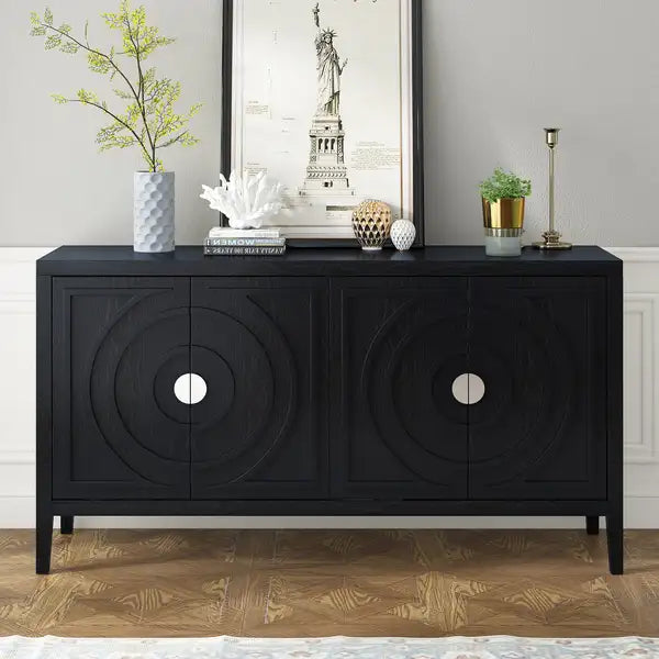 Retro Sideboard Door with Circular Groove Design & Round Metal Door Handle (Black) - Entrance, Dining, Living Room