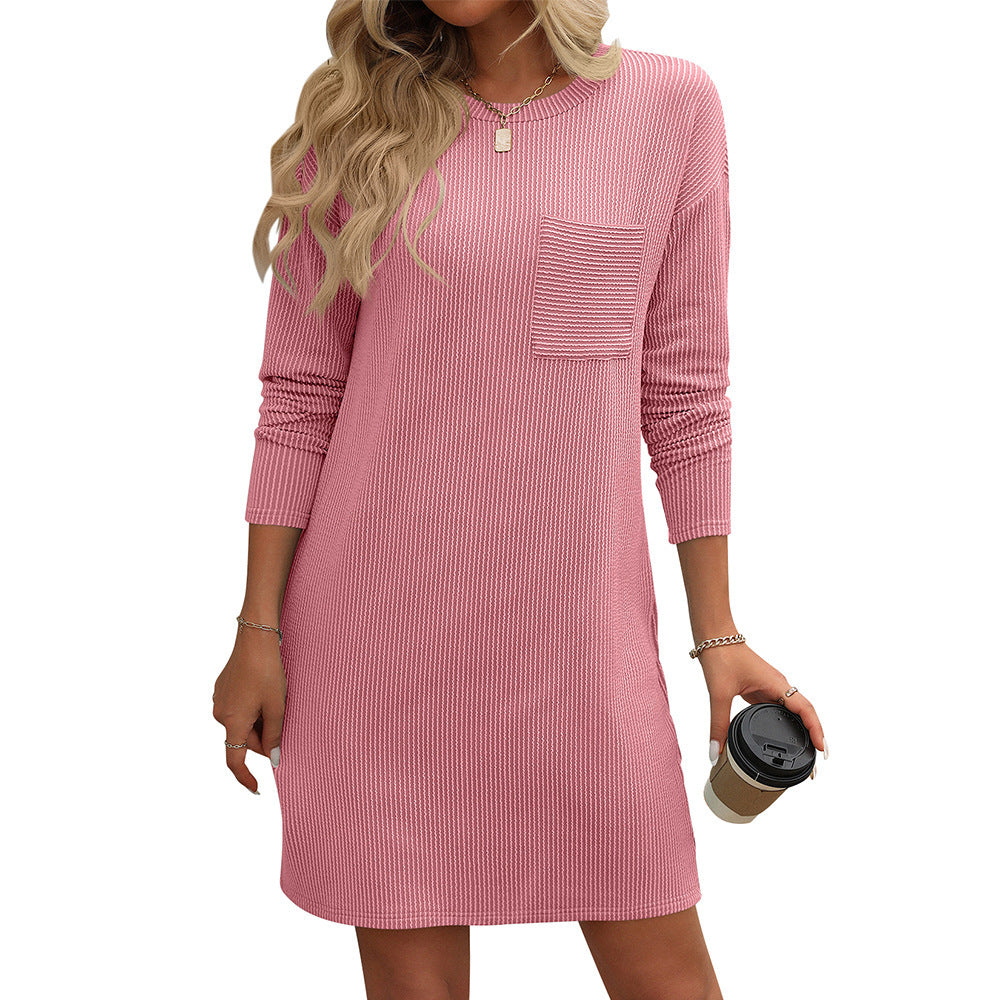 Women's Long Sleeve Striped Pocket Dress - Solid Color Casual Dress