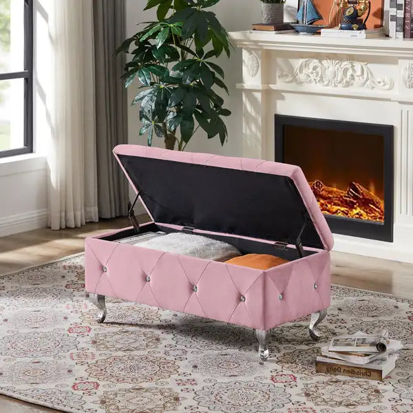 Pink Velvet Storage Bench with Padded Seat & Safety Hinge - 250lb Capacity