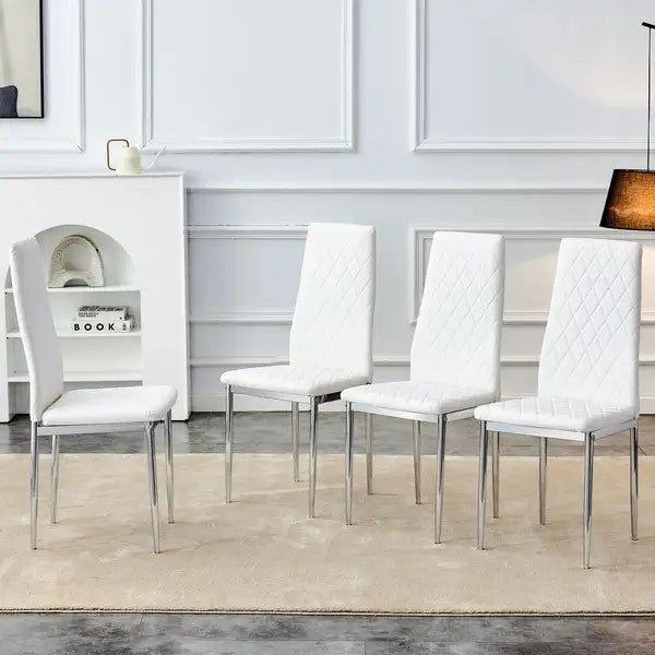 Modern Dining Chairs Set of 4 | White Upholstery, Silver Metal Legs, High Backrest - Restaurant, Living Room, Kitchen, Office - Minihomy