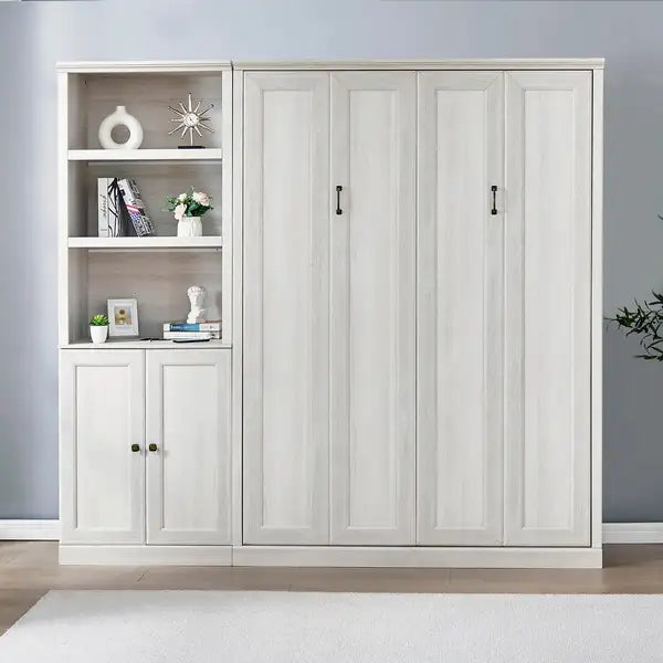 Full Size Murphy Bed with Storage | Space-Saving Bed for Guest Room, Home Office, Rustic White - Minihomy