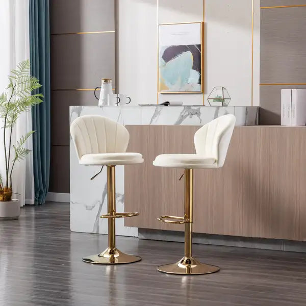 Cream Velvet Swivel Bar Stools Set of 2 - Chrome Base, Adjustable Height - Minihomy