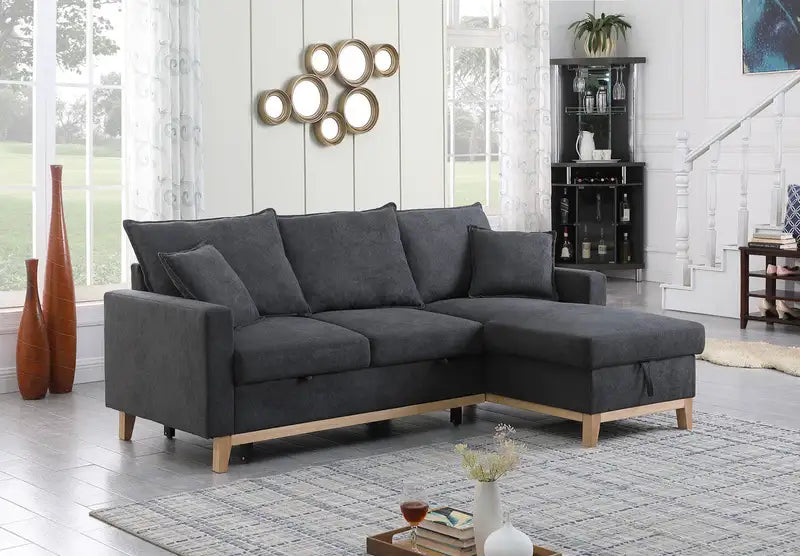 Colton Reversible Sleeper Sectional Sofa - Dark Gray, 84.25", Storage Chaise