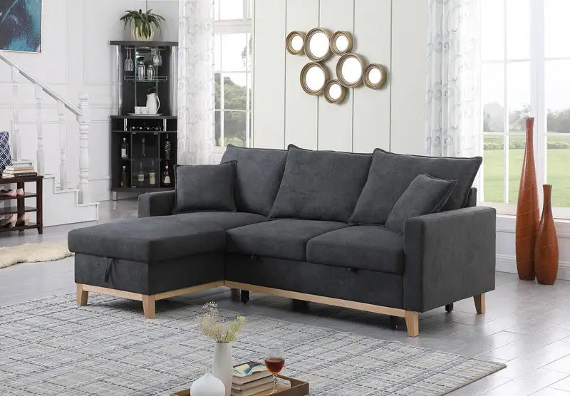 Colton Reversible Sleeper Sectional Sofa - Dark Gray, 84.25", Storage Chaise