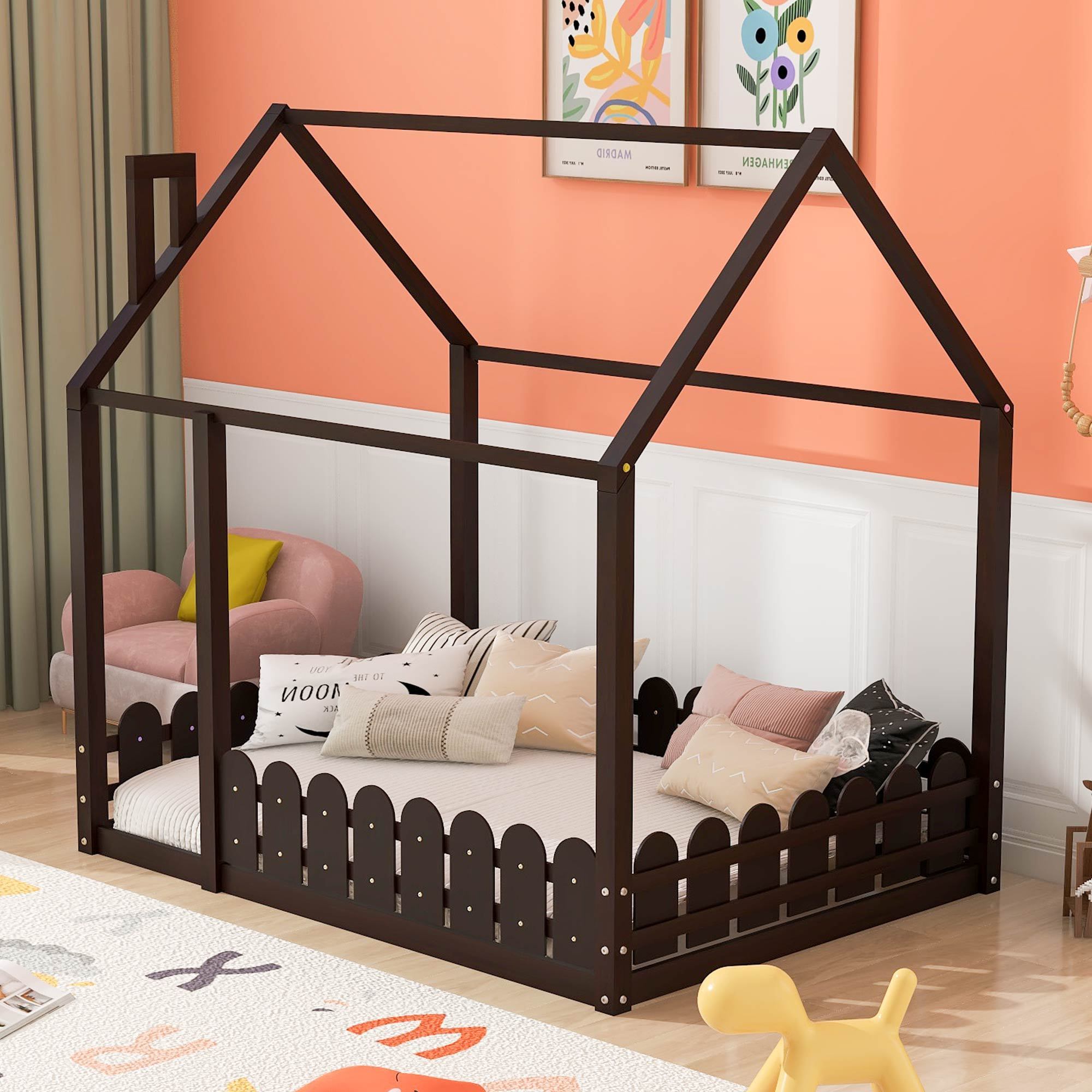 Full Size Wood Bed Frame with Fence for Kids & Teens (Espresso)