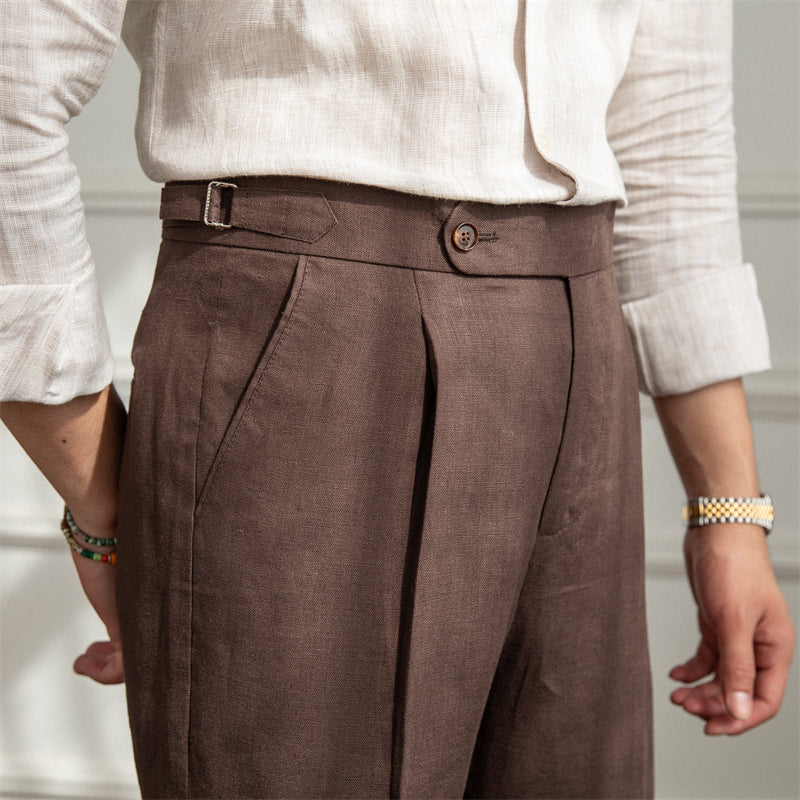 Men's Linen Straight Leg Pants High Waist Trousers Light Casual