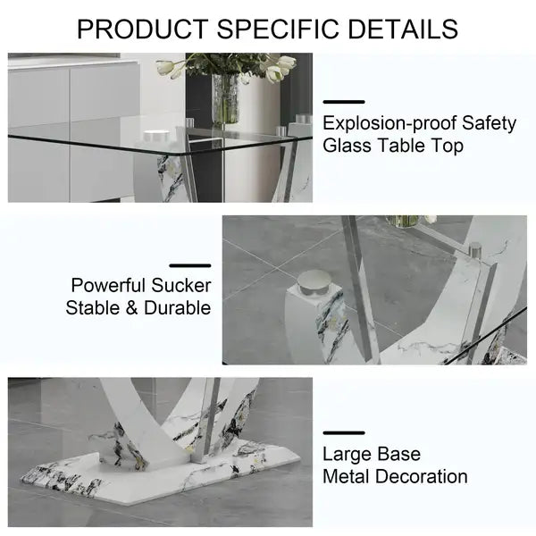Modern Glass Dining Table & Chair Set for 6-8 People - Tempered Glass Top, MDF Legs, Comfortable Chairs - Minihomy