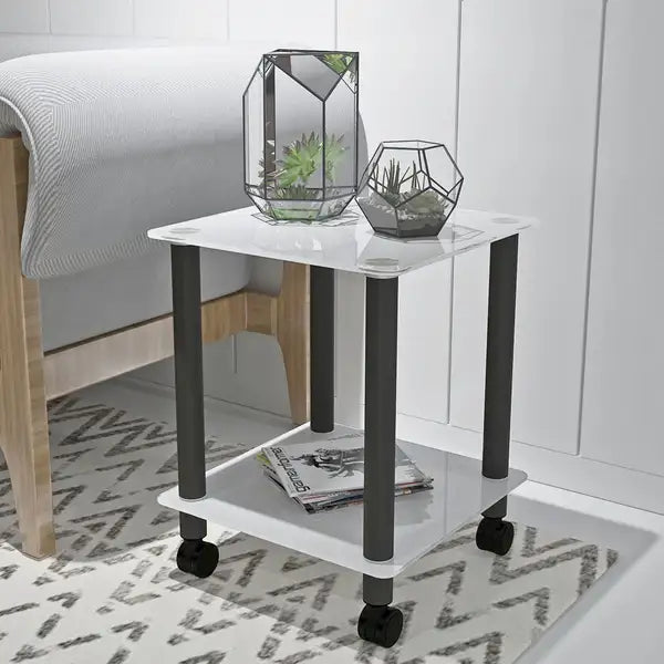 Modern 2-Tier White & Black Side Table with Storage Shelf