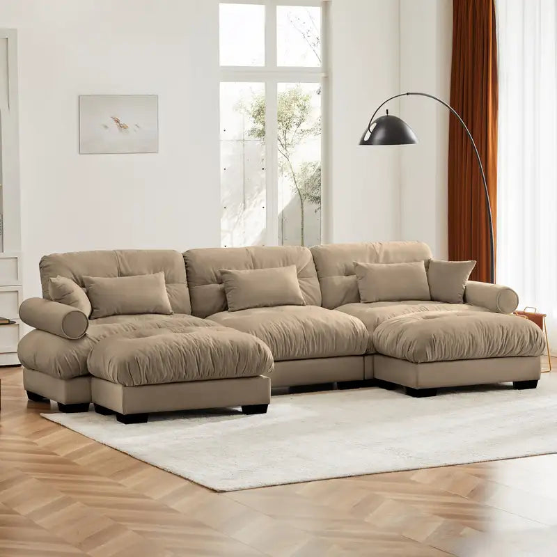 Camel U-Shaped Sectional Sofa with Ottomans & Pillows